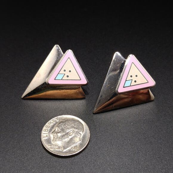 Vintage Laurel Burch "Anne" Triangle Post Earrings, Rhodium Plated, 1980s - Picture 7 of 10
